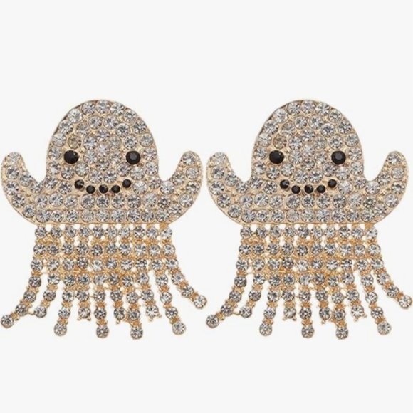 Pave Rhinestone Smiling Ghost Post Earrings CZ Crystal Gold Happy Halloween New - Picture 1 of 3